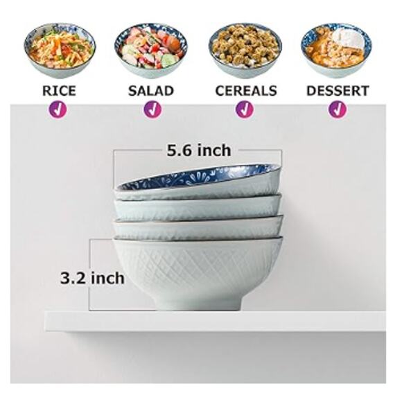 16 oz Japanese Porcelain Rice Bowl, Blue Bowl Set of 4 - Picture 4 of 5